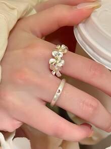 2pcs/Set Gentle Floral Double Layer Rings, Vintage Color-Block Small Flower Open Rings, Atmospheric Women's Stackable Finger Rings Accessories - Silver - View 4