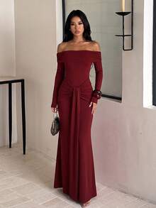Autumn Solid Color Off-Shoulder Pleated Ribbon Dress, Women's Elegant Dress For Party, Wedding, Evening - Burgundy - View 3