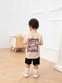 Baby GirlMinimalist Plaid Graffiti & Letter Print Round Neck Short Sleeve Cute Top - Apricot - View 3