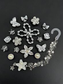 17件裝時尚水鑽花朵鞋飾 DIY 可拆卸鞋飾 ABS 星形鏈條鞋配件，適用於克羅格鞋、女款涼鞋、拖鞋、沙灘鞋，度假禮物 - 銀色 - 查看 9