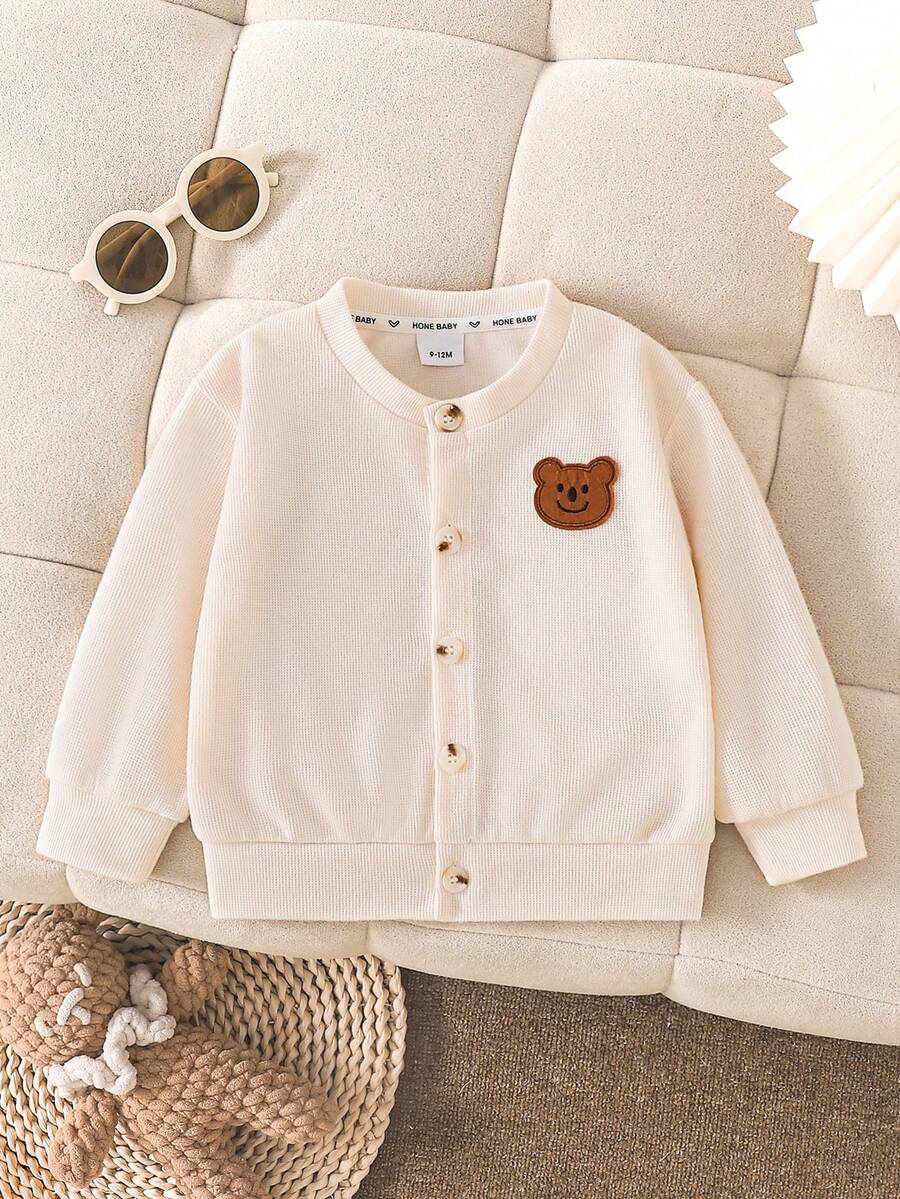 Autumn/Winter Baby Soft Cardigan Round Neck Patch Knit Top Jacket, Cute Bear Patch Soft Casual Versatile Outerwear - Apricot - View 1
