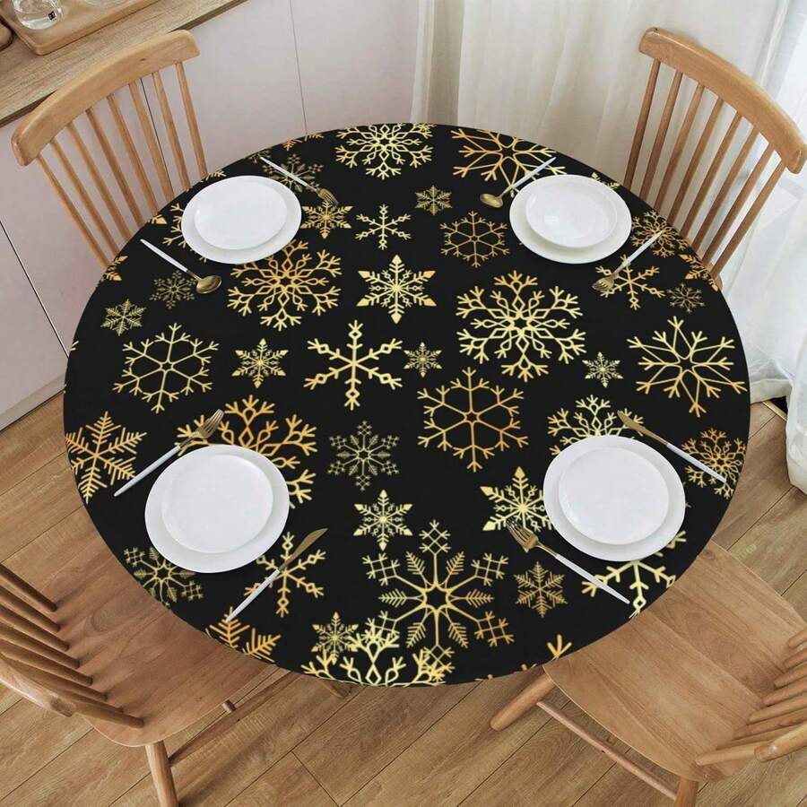 Winter Christmas Snowflake Tablecloth With Elastic Edge, Round Washable & Reusable Table Cover For Kitchen Dining Party Picnic, Small Black - Multicolor - View 1