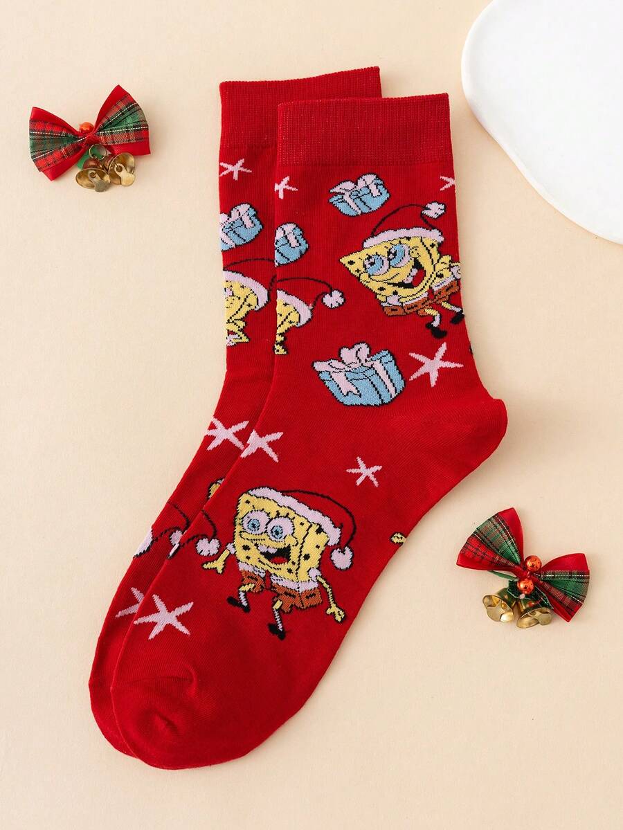 SpongeBob SquarePants زوج واحد من جوارب الرجال متوسطة الطول بنمط هدية عيد الميلاد المخصص والممتع من سلسلة SquarePants، بأسلوب عيد الميلاد - متعدد الألوان - مشاهدة 1