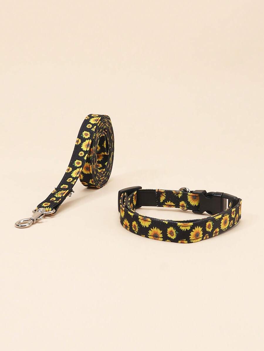 Sunflower Print Dog Collar & Leash Set, Handmade, Adjustable Neck Strap, Easy To Put On And Take Off, Essential 2 Pieces Pet Accessories For Small To Medium Dogs And Cats, Happy Little Dog - Black - View 1