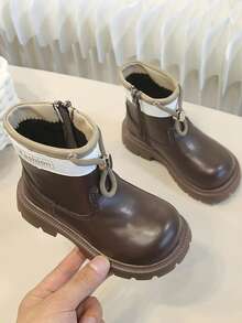 1 Pair New Children's Thick Sole Ankle Boots, Smooth Leather Lace-Up Design With Contrast Color Collar And Side Zipper - Brown - View 5