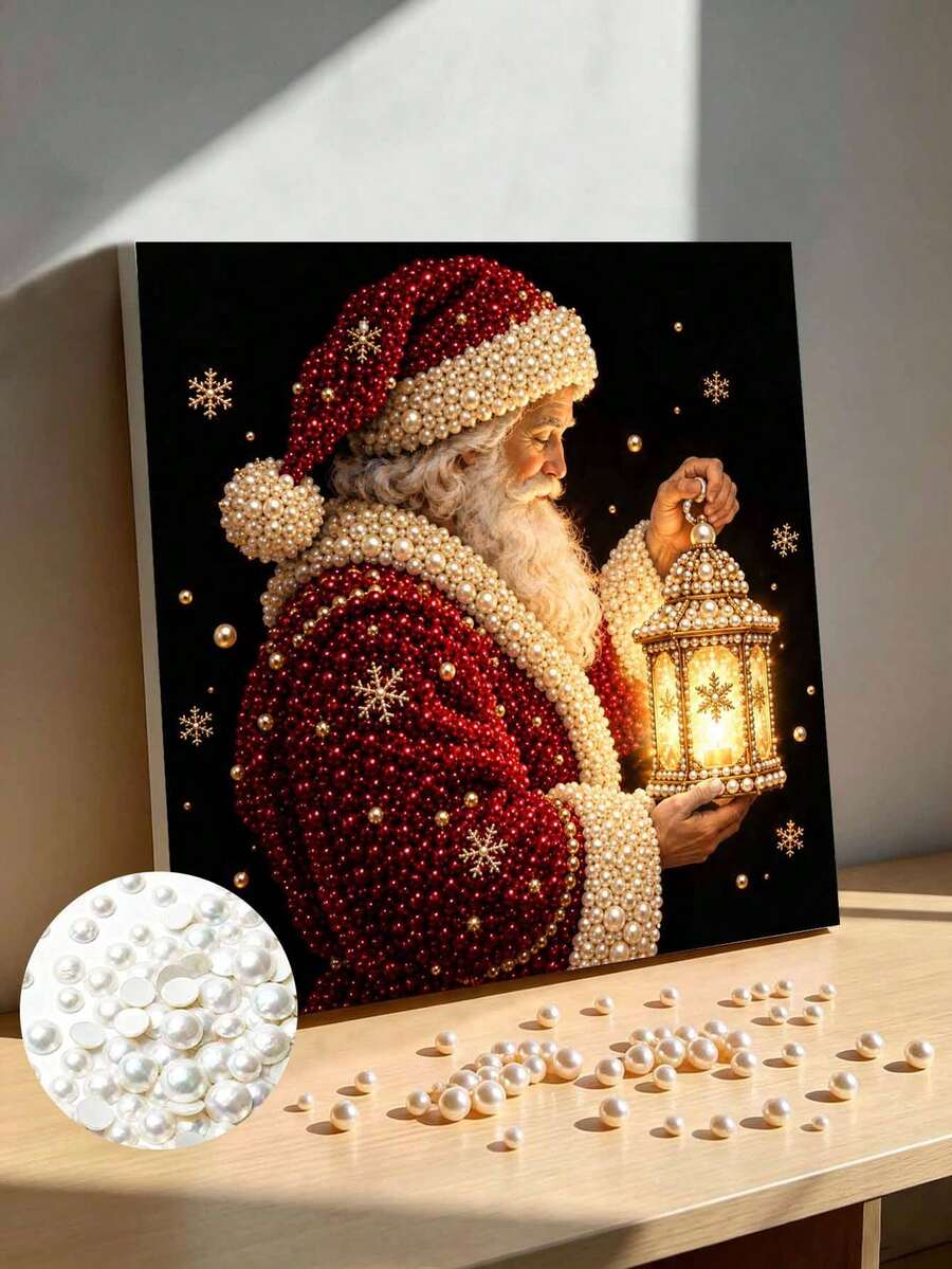 Handmade Pearl Painting Set With Frame, Santa Claus Holding Lamp Pattern Design, Full Set Of Hand Tools, Drill Pen, Rubber Plate, Latest Frame Art, Christmas Gift.