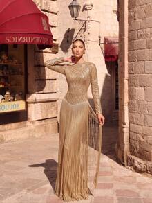 LOVE&LEMONADE Luxurious Women's Stand Collar Long Sleeve Gold Sequin Extra Long Tassel Party Evening Gown Dress - Gold - View 2