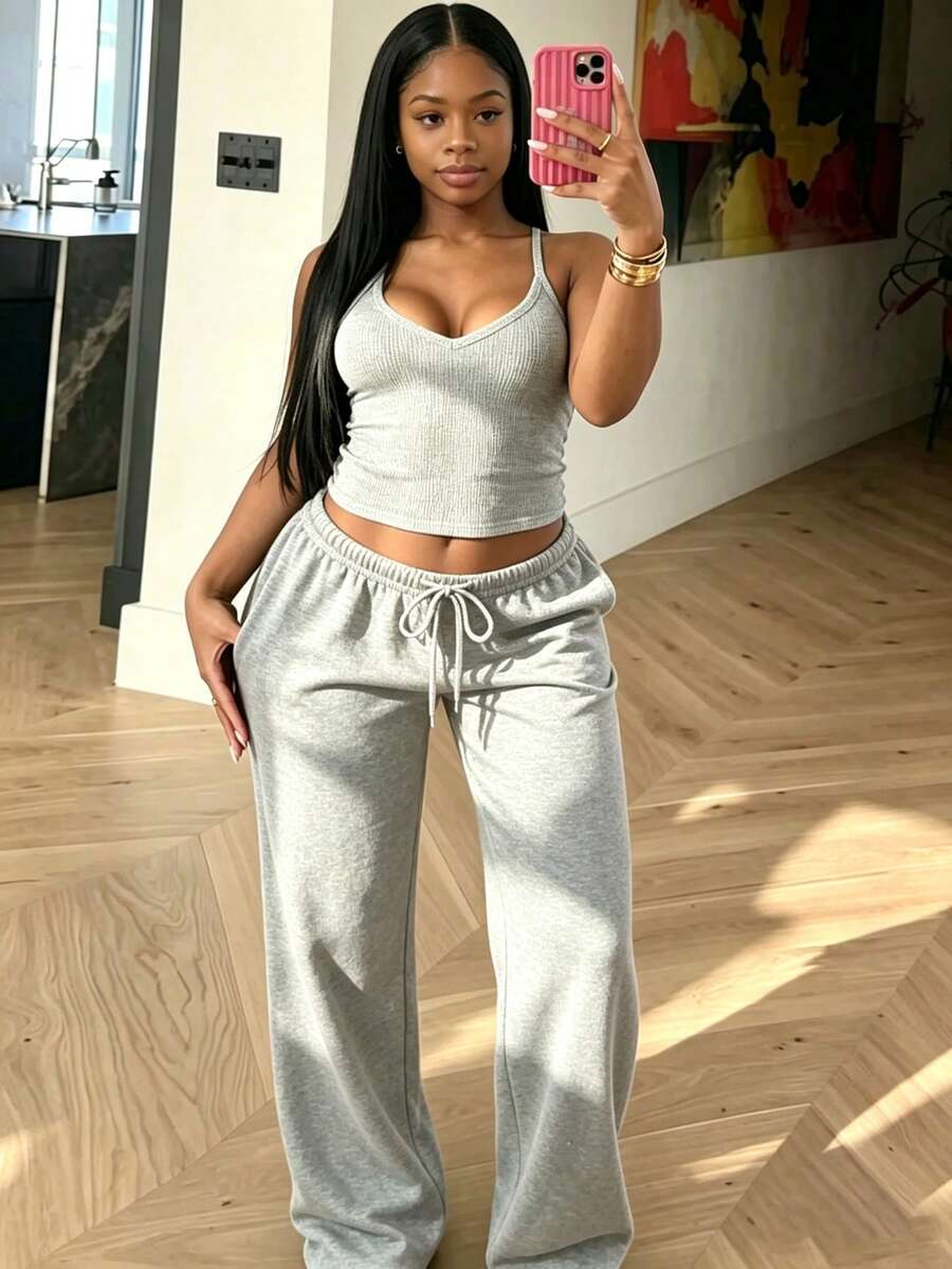 LovelyWholesale Women'S Casual V-Neck Rib Knit Tank Top And Drawstring Pants Two Pieces Set Fall Outfits Four Season Clothes For Women Elegant - Grey - View 1