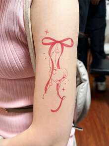 1 Sheet Pink Bow Heart Temporary Tattoo Stickers, Gradient Ribbon With Dotted Line Fake Tattoos, Sweet Girly Aesthetic Body Art For Women, Waterproof Upper Arm Decor - Multicolor - View 3