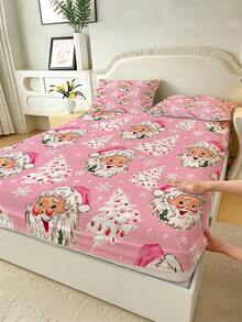 1PC Pink Christmas Theme Pattern Fitted Sheet (Fitted Sheet Only, No Pillowcase), Santa Claus And Christmas Tree Print Soft Bedroom Bedding, Suitable For Bedroom, Guest Room, School Dormitory, Easy To Remove And Machine Washable All Season Mattress Protector, Perfect Christmas Gift For Parents And Friends - Multicolor - View 5