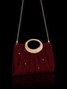 This Gold Herringbone Patterned Clutch Bag Is Adorned With Sparkling Rhinestones, Making It A Luxurious And Glamorous Formal Evening Bag. It Comes With A Sparkling Rhinestone Three Pieces Set, Including A Rhinestone Pendant Necklace, Earrings, And Bracelet, Making It A Perfect Gift For Evening Parties, Parties, Birthdays, Weddings, And Other Occasions. - Burgundy - View 6