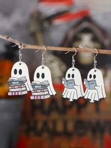 Whimsical Halloween Cute Bookworm Ghost Pendant Earrings, Vintage Wooden Gothic Party Double-Sided Ear Accessories, Bookworm Theme, Spooky Semester Jewelry, Gift For Women, Book Lovers, Party Enthusiasts And Halloween Fans, Library Gothic Style Accessory - Multicolor - View 4