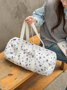 Cute White Allover Cartoon Bear Print Cylindrical Duffle Bag, Large Portable Shoulder Weekender Bag For Gym Sports Short Overnight Travel - Multicolor - View 11