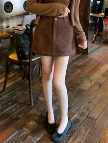 New Versatile Fashionable Suede-Like A-Line Rivet Mini Skirt For Women, Casual Autumn Skirt - Khaki - View 6