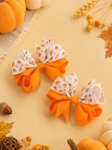 2pcs Thanksgiving Maple Leaf Print Bow Hair Clips For Kids Girls,Cute Casual Satin Ribbon Hair Bows,Gifts For Friends,Thanksgiving Hair Accessories - Multicolor - View 3