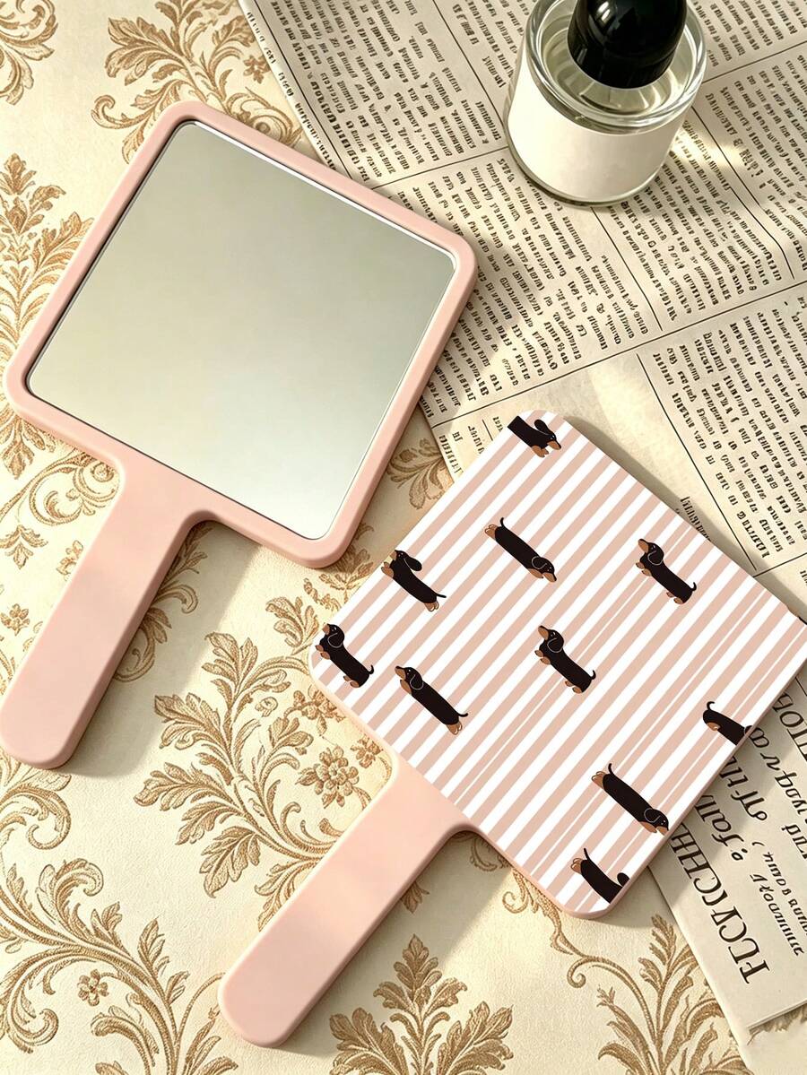 1pc Striped Puppy Shaped Makeup Mirror, Square High-Definition Mirror With Handle, Portable Vanity Mirror, Suitable For Daily Makeup And Travel