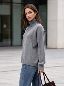 Roviva Women's Autumn Elegant Casual Commute High Neck Solid Color Sweater Top, Suitable For Party, Gathering, Holiday, Birthday Party, Work Commute - Grey - View 8