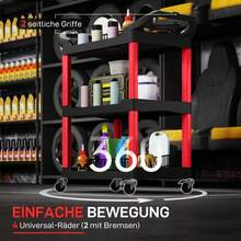 3-Tier Rolling Workshop Cart, Tool Trolley With Handle, Tool Hooks, Garage Assembly Cart, Storage, Max 91 Kg Load Capacity, Red+Black - Black + Plastic - View 4