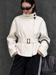 Beige Solid Color Tie-Neck Stand Collar Long Sleeve Elegant Elegant Wool Coat Jacket Top, Suitable For Office Work, Daily Outings, Autumn/Winter - Beige - View 3