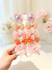 10pcs Sweet Bow & Flower Hair Clips Set, Cute Mesh & Pearl Decorated Hair Accessories For Women's Daily Styling - Multicolor - View 7