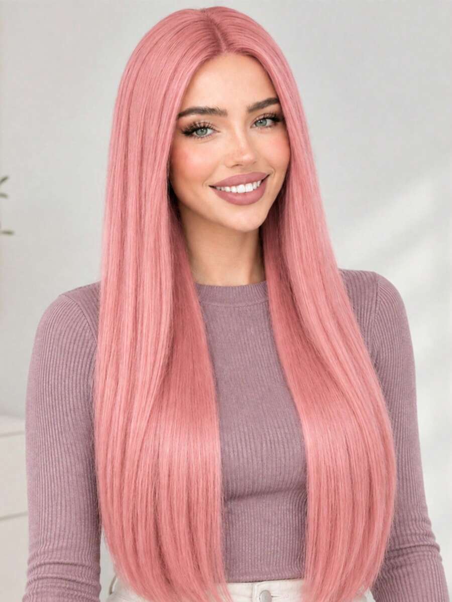 28 Inch Women's Long Straight Middle Part Pink Wig, Fashionable Elegant Smooth Silky, Suitable For All Women Daily Wear And Party Styling - Pink - View 1