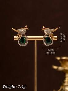 Court-Style Green Gemstone Inlaid Bird-Shaped Full-Paved Design Pendant Necklace Or Earrings, Everyday Party Women's Accessory Gift - Earring - View 2