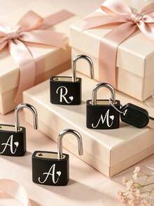 White Heart Letter Pattern Portable Small Luggage Lock, Luggage Lock With 2 Keys, Black Shell Luggage Lock, Compact And Sturdy, Luggage Lock, Mini Luggage Lock, Travel Bag Metal Key Lock, Durable, Small Brass Lock With Shell, Backpack, Suitcase, Laptop Bag, Back To School, Graduation, Christmas, Halloween Gift - Black - View 1