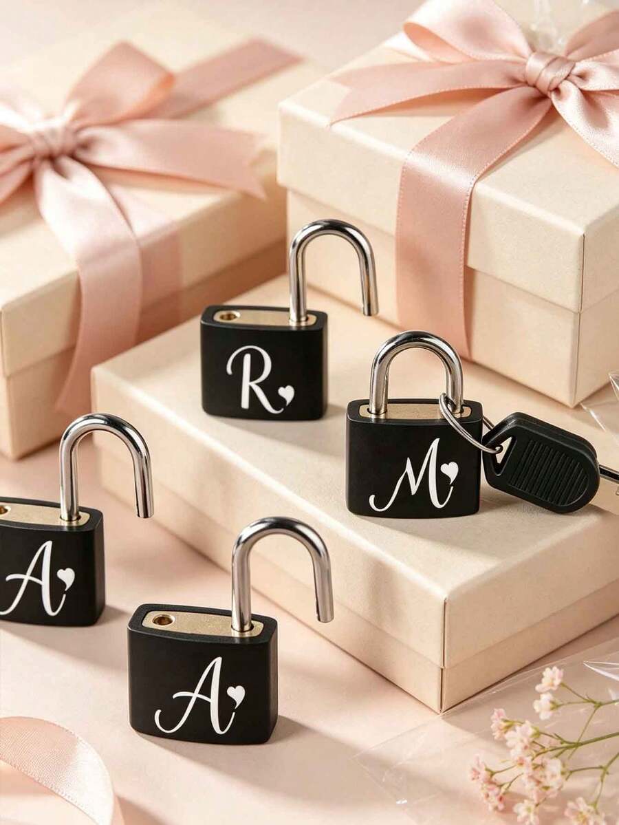 White Heart Letter Pattern Portable Small Luggage Lock, Luggage Lock With 2 Keys, Black Shell Luggage Lock, Compact And Sturdy, Luggage Lock, Mini Luggage Lock, Travel Bag Metal Key Lock, Durable, Small Brass Lock With Shell, Backpack, Suitcase, Laptop Bag, Back To School, Graduation, Christmas, Halloween Gift - Black - View 1