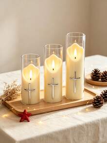 3pcs/Set Holiday Atmosphere Hot-Selling Religious Series Cross Electronic Candle Light Decor, Living Room Bedroom Bedside Table Ornament, Night Light Suitable For Multiple Scene Decoration - Beige - View 1