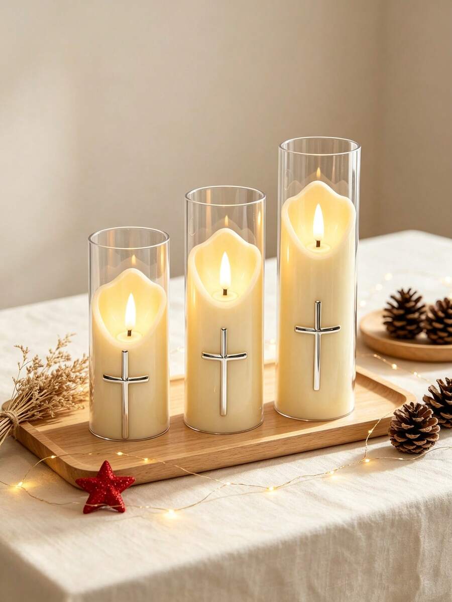 3pcs/Set Holiday Atmosphere Hot-Selling Religious Series Cross Electronic Candle Light Decor, Living Room Bedroom Bedside Table Ornament, Night Light Suitable For Multiple Scene Decoration - Beige - View 1