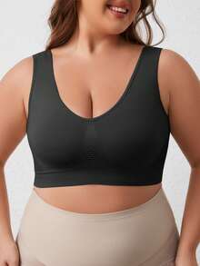 1 buah Bra Yoga Olahraga Wanita Ukuran Plus Tanpa Jahitan dan Tanpa Kawat dengan Tali Lebar, Nyaman untuk Sehari-hari, Warna Hitam untuk Musim Semi dan Gugur - Hitam - View 6