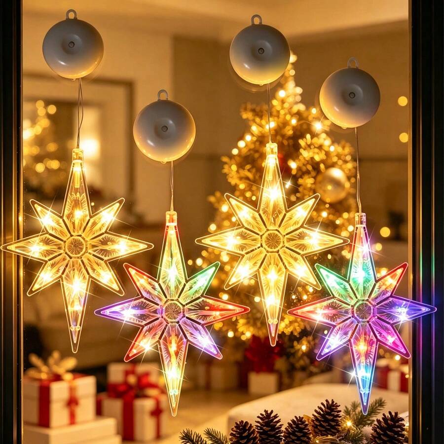 1pc Christmas North Star LED Suction Cup Window Light, Battery Powered, Batteries Not Included, Warm White And Multicolor Light Options, Easy To Install, Suitable For Window Glass Wall Indoor Home Decor, Wedding, Party, Holiday Christmas Decoration - Polar Star - View 1