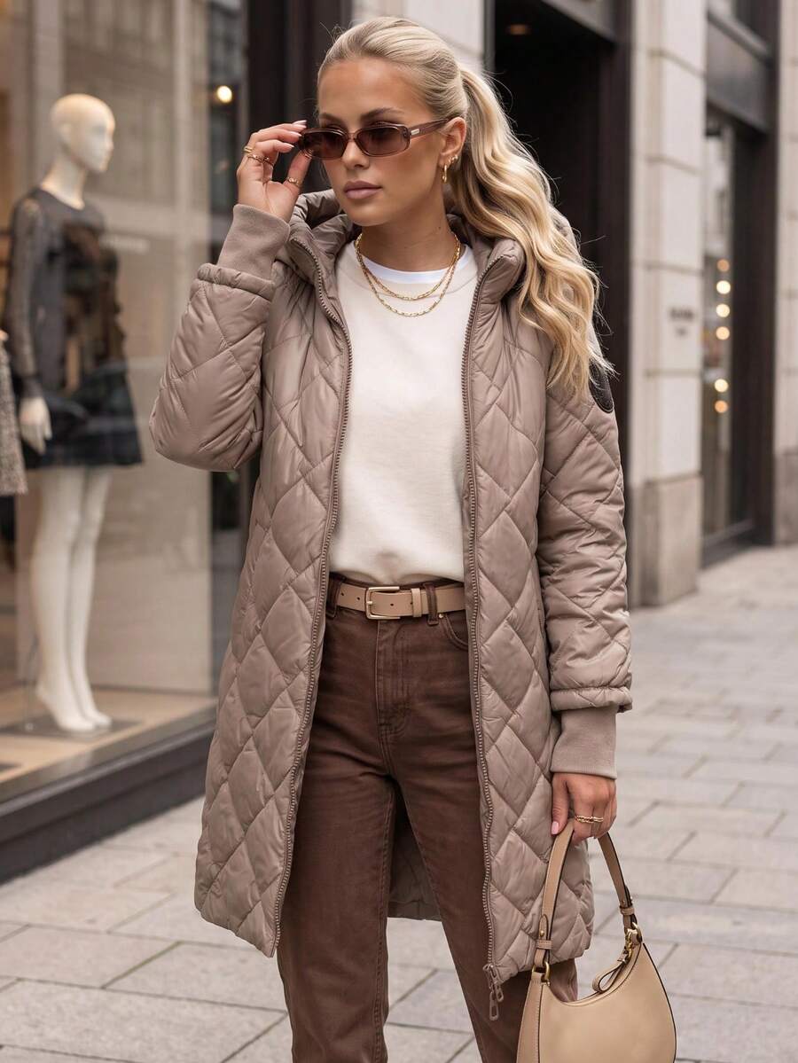 Women's Long Quilted Hooded Jacket Zip Front Diamond Stitch Ribbed Cuffs Regular Fit - Beige - View 1