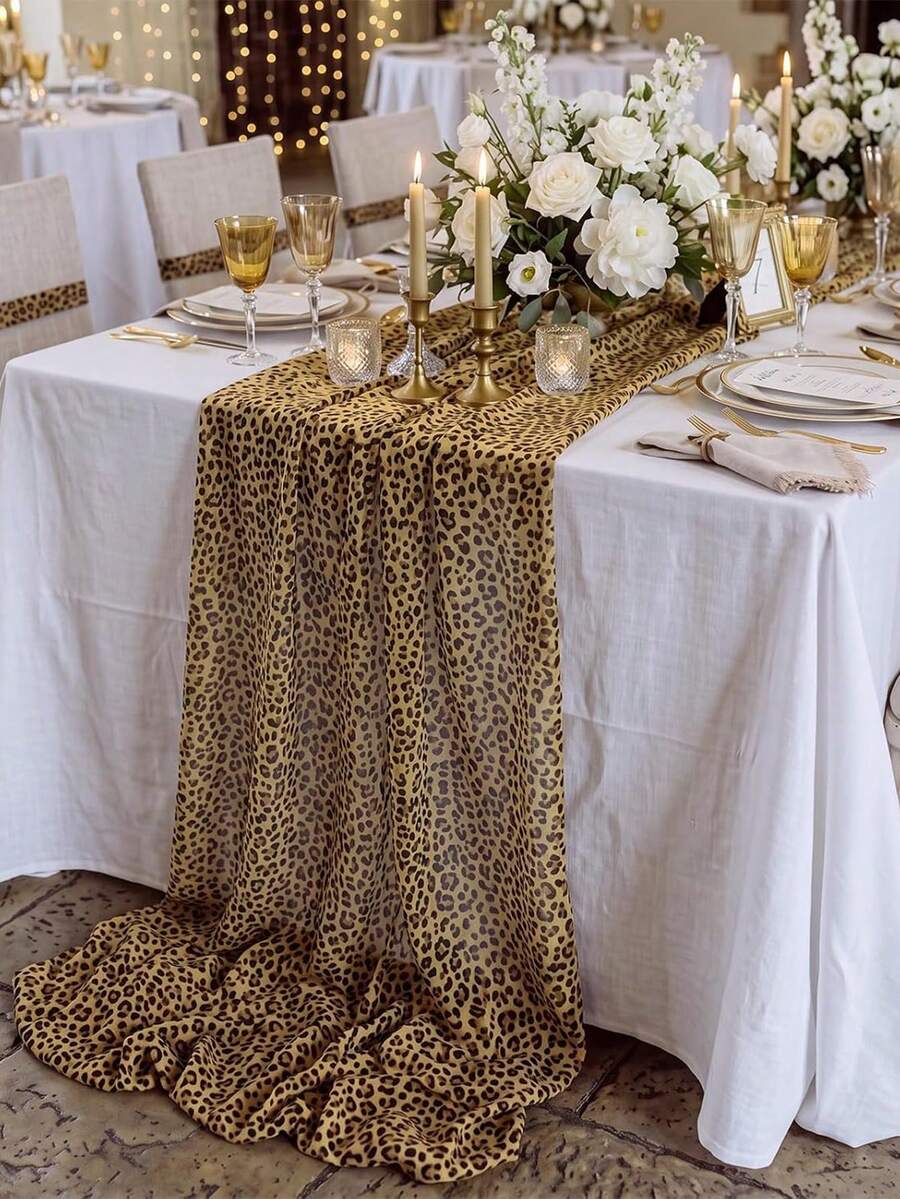 Leopard Print Table Runner, Vintage Wild Style Tabletop Decor, Dining Table Cloth For Dinner Party Banquet Atmosphere - Gold - View 1