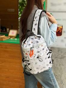 White Allover Baseball Panda Print Backpack, Drawstring Mesh Pocket Multi‑Pocket Lightweight Casual Daypack Rucksack For Teen Outdoor Daily Use - Multicolor - View 4