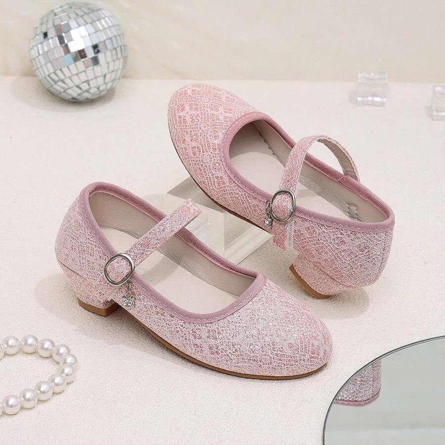 Girls' Lace Sequin Mary Jane Princess Shoes, Fine Glitter Lace Upper, Single Strap With Rhinestone Pendant, Suitable For Party, Performance, Birthday, Dress Matching! - Pink - View 1