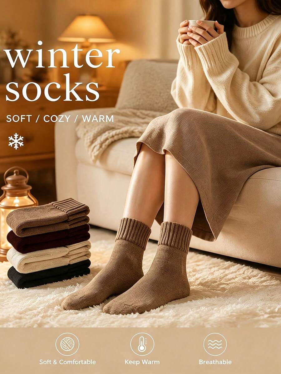 10pcs Earth Tone Ribbed Mid-Calf Socks, 1 Pair Per Color, Vintage Solid Color Autumn/Winter Socks, 5/1 Pair Pack - Set a - View 1