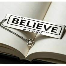 1pc Inspirational English Engraved Stainless Steel Bookmark Always Believe In Yourself Heart Cross Pendant Metal Reading Marker - D - View 2