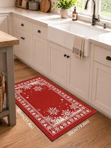 1pc Christmas Red Snowflake Pine Tree Border Kitchen Mat, Vintage Holiday Geometric Pattern Absorbent Non-Slip Foot Mat, Durable Easy Clean Rectangular Rug, Suitable For Kitchen Sink, Entryway, Hallway, Laundry Room, Bathroom And Christmas Home Decor - Multicolor - View 11