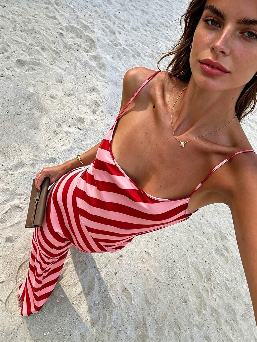 DORISS Summer Asymmetric Mermaid Striped Slip Dress Color Block Striped Dress Elegant