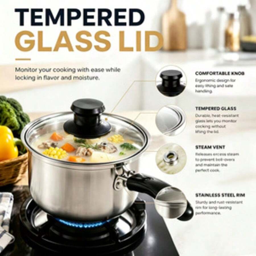 Nồi sữa mini bằng thép không gỉ 6.3 inch (16cm) có nắp kính, nồi nấu súp nhỏ, phù hợp cho thức ăn em bé, mì và súp