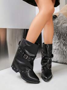 Autumn/Winter New Fashion Versatile Mid-Calf Slimming Belt Buckle Women's Boots - Black - View 2
