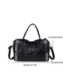 Silver Round Rivet Full Decor Stitching Plaid Patchwork Double Leather Handle Detachable Wide Strap Handheld Crossbody 2-In-1 Punk Motorcycle Style Women's Distressed Commute Streetwear Personalized Cool Handbag - Black - View 2
