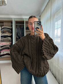 Joy Knit 女款針織毛衣 秋冬時尚新款 百搭上衣 優雅極簡休閒百搭 粗繩編織圓領寬袖口套頭毛衣針織上衣 適合辦公穿搭 外出聚會 派對 節慶 生日 海灘 - 黑咖啡 - 查看 4