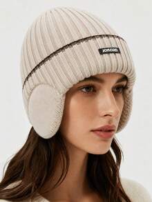 4/1pc Unisex Thermal Lined Knitted Hat, Thick Ribbed Knit Fabric For Warmth, Built-In Ear Flaps To Block Cold Wind, Minimalist Woven Strap And Fabric Label Design, Snug Fit To Head Circumference, Suitable For Cycling, Commuting, Skiing, Outdoor Activities, Versatile Winter Beanie - Multicolor - View 3