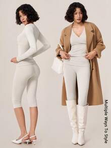 TimeOff Women's One Set Solid Color Cross V-Neck Long Sleeve V-Fold High Waist Mid-Length Pants Set - Apricot - View 11
