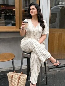 Auveirra Plus Size Spring/Summer Casual Minimalist Versatile Striped 2 Pieces Suit Set, Women Blazer + Pants In Fall/Winter - Apricot - View 1