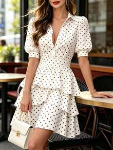 DONICY Women's Elegant Apricot Shirt Dress, Puff Sleeves With Layered Ruffles, French Style Suitable For Dating And Work Wear - Apricot - View 3