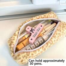 Plush Leopard Print Pencil Case, Cute Dachshund Embroidery Large Capacity Pencil Pouch With Flower Charm, Portable Cosmetic Storage Bag, Suitable For Office And School Supplies - Single Piece - View 9