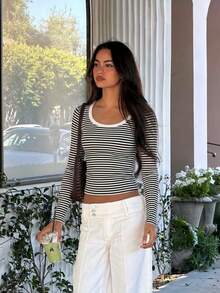 Women's Striped Knit Long Sleeve Loose Fit T-Shirt - Black - View 6